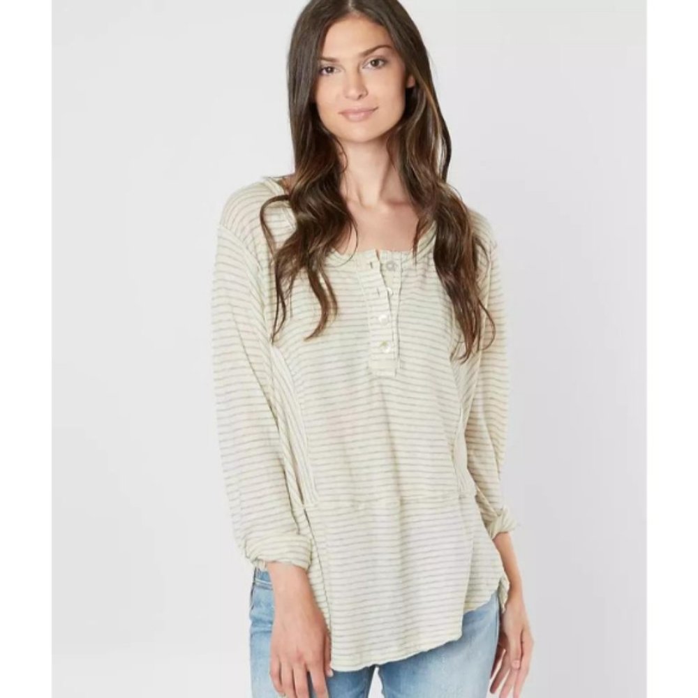 Free People Hong Kong Striped Henley Tee in Natural
